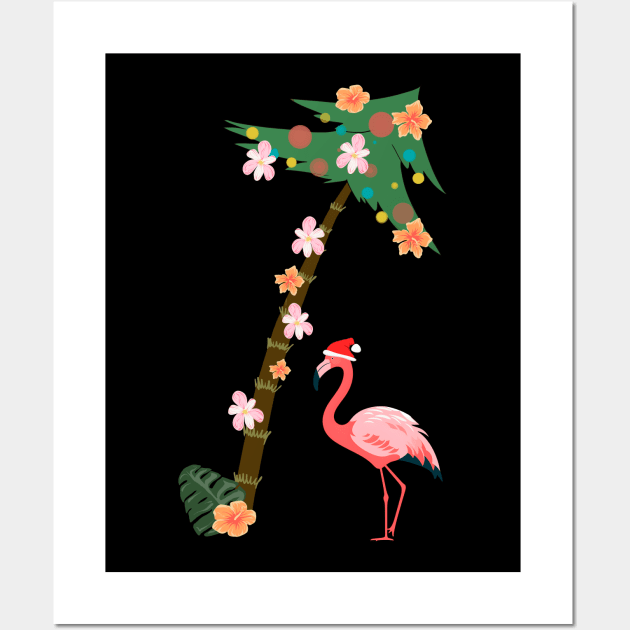 Funny Flamingo Palm Tree Floral Vintage Hawaii Christmas Wall Art by Ai Wanderer